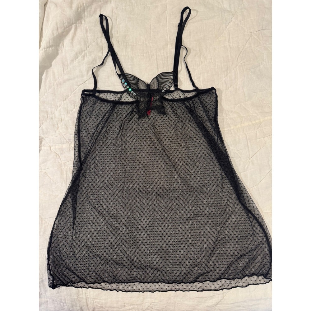 Seven 'til Midnight Black Mesh Butterfly Babydoll Chemise One Size Sequin